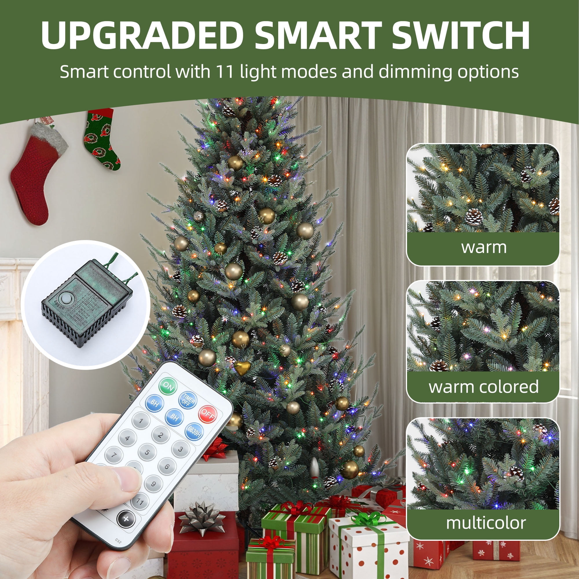 Uforic 6 ft Prelit Spruce Artificial Christmas Tree with 1176 PE&PVC Tips & 300 Lights,11 Light Modes