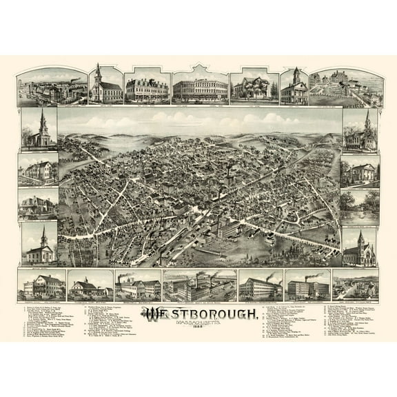 Historic Panoramic View - Westborough Massachusetts - Bailey 1888 - Vintage Wall Art