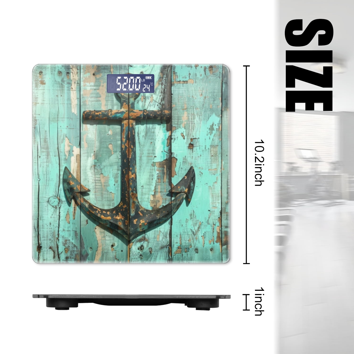 High Precision Body Weight Scale Smart Bathroom Scales with Large LCD Display(400lbs),Decorative for Bedroom-Weathered Teal Wooden Wall With Rusty Anchor