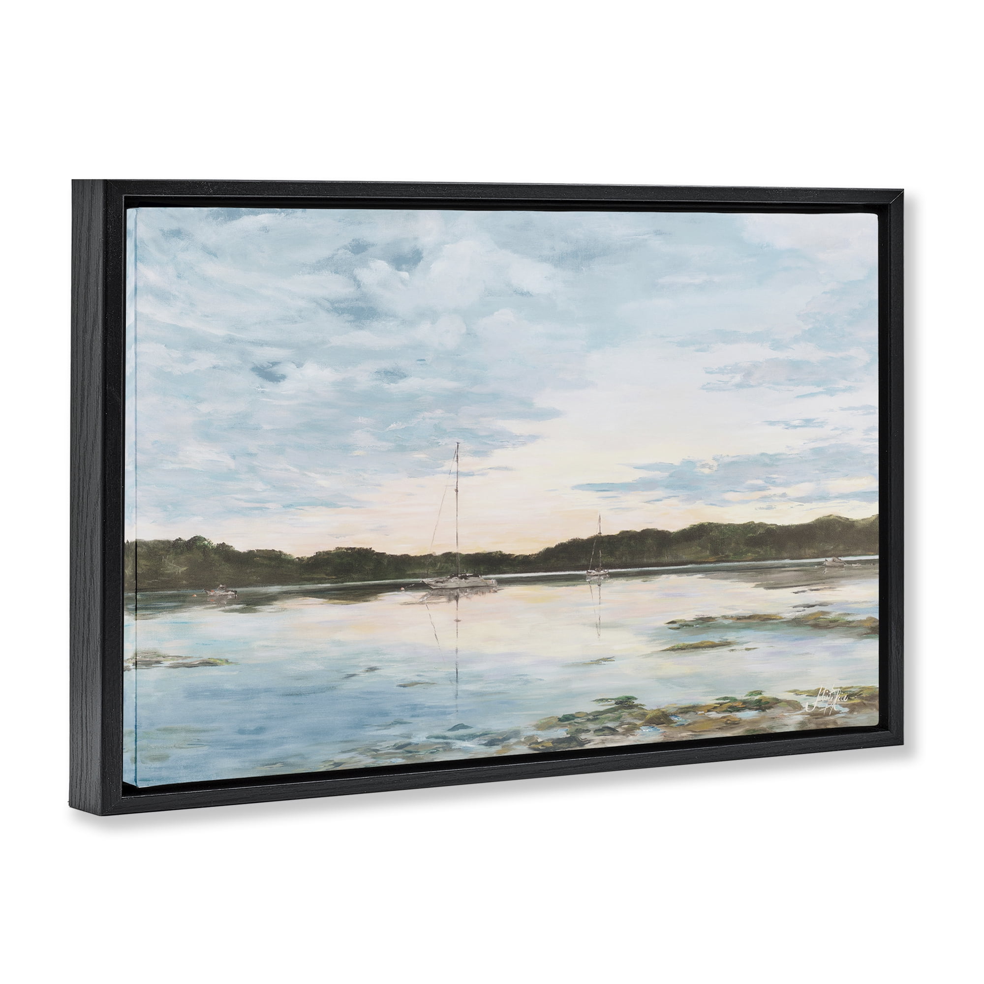 Stupell Industries Quiet Day on Lake Landscape Painting Black Floater Framed Canvas Art Print Wall Art, 31 x 21