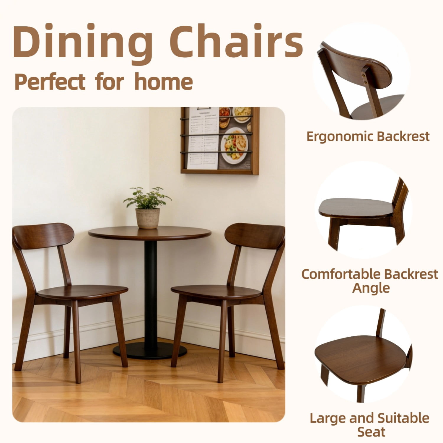 100% Natural Solid Wood Dining Chairs Set of 4 Mid Century Modern Kitchen Chairs with Curved Backrest Adjustable Foot Pads Walnut Dining Room Living Room Study Chairs, Walnut