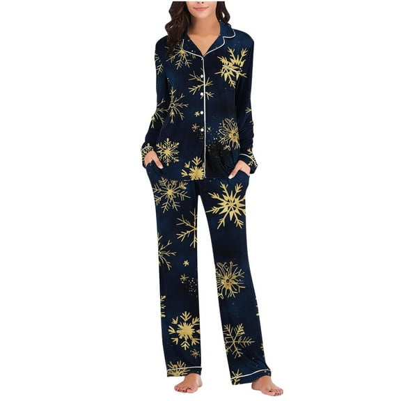 Christmas Pajamas Sets for Women Long Sleeve Holiday Graphic V Neck Button Down Length Pants Two Piece PJS Multicolor M