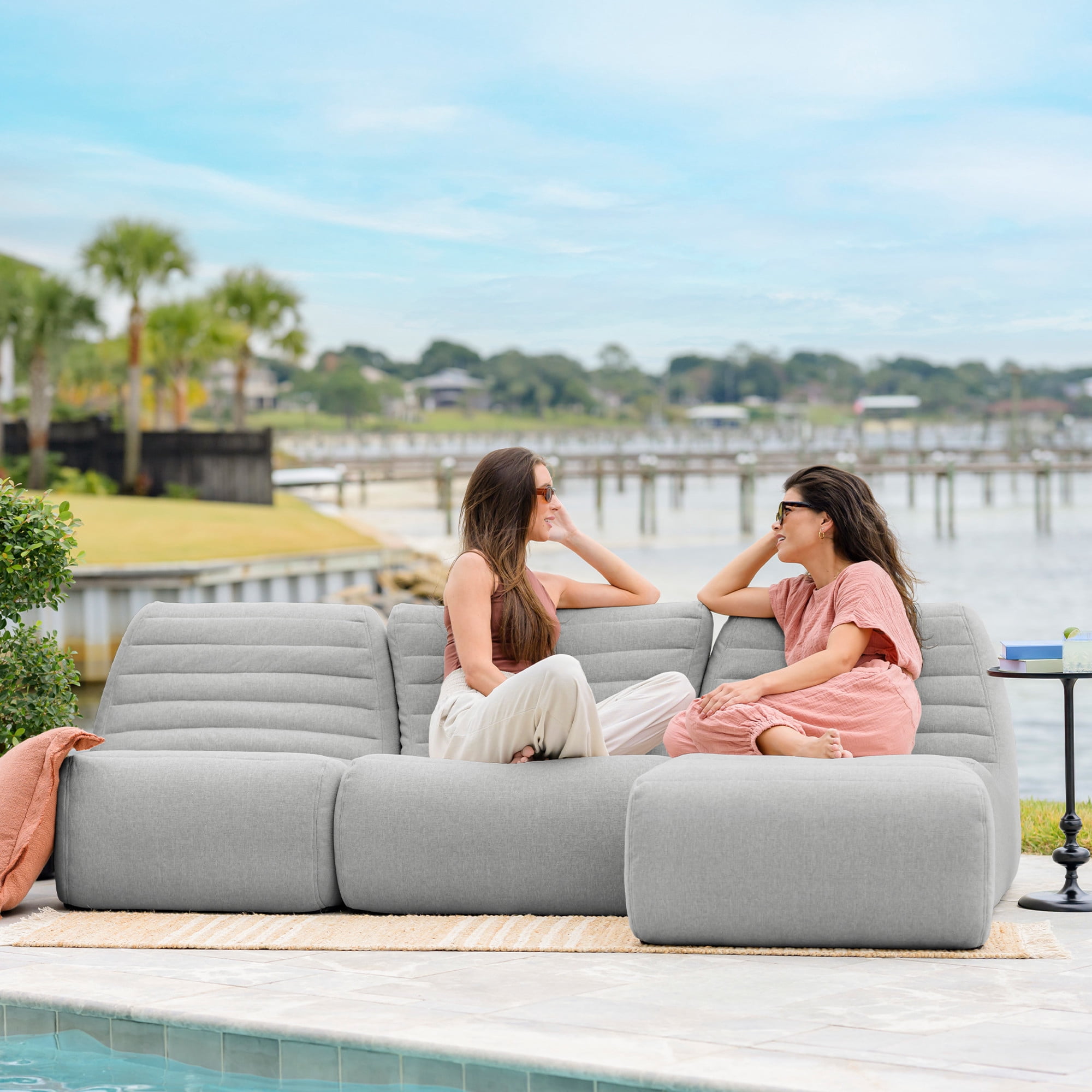 Big Joe Solvana Outdoor Sectional, 4 Piece Patio Furniture Set, Performance Linen Weather-Resistant Fabric Sofa, Port Gray