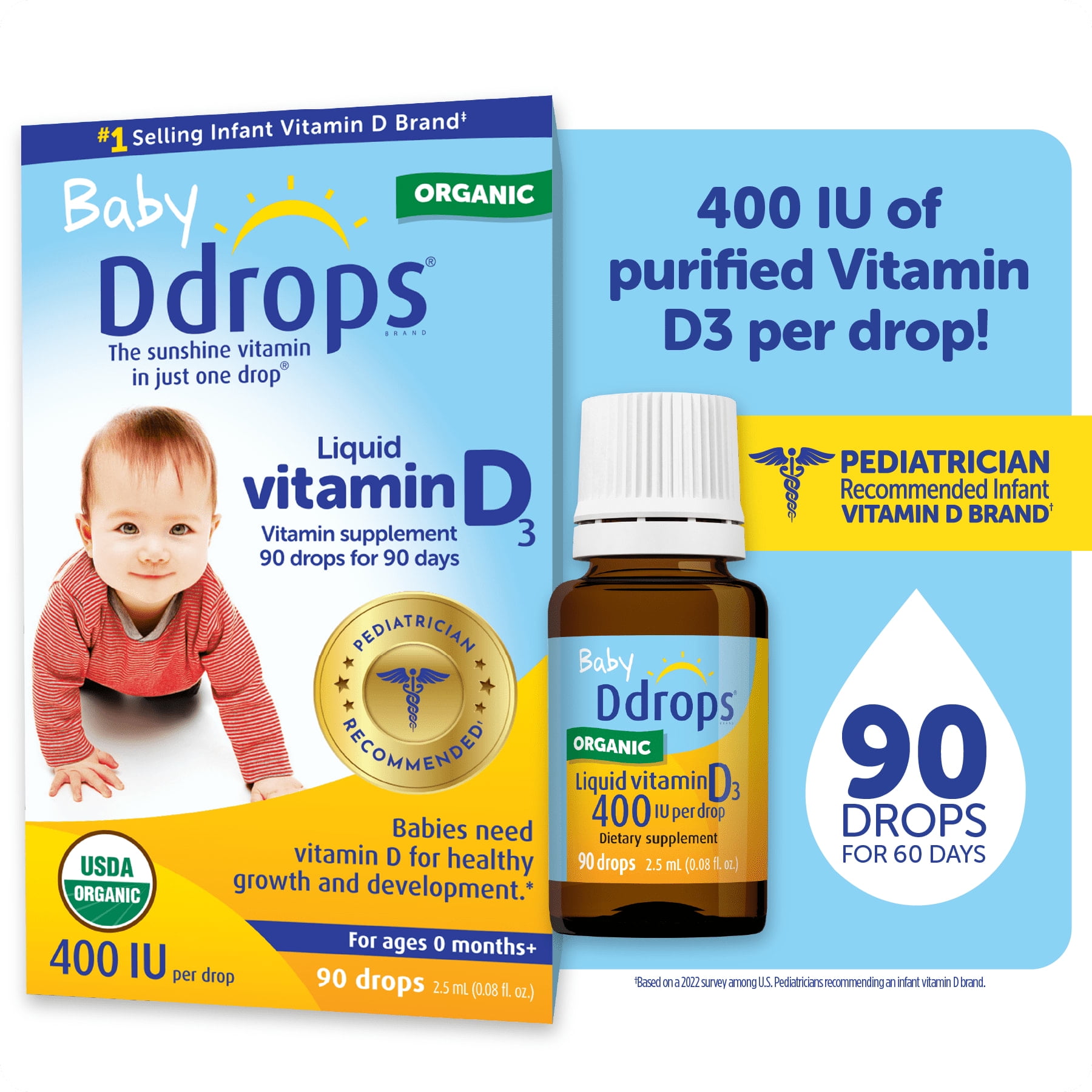 Baby Ddrops Organic Vitamin D3 Drops, 400 IU Per Drop, 0.08 fl oz