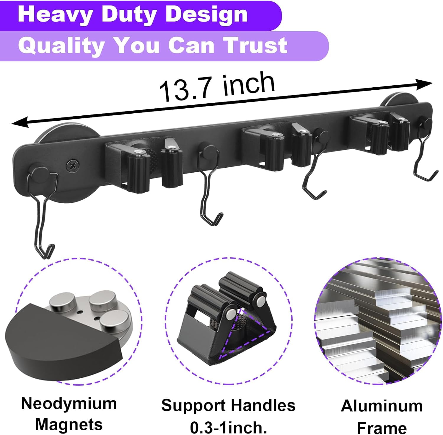 Magnetic Mop Broom Holder, Heavy Duty Magnetic Mop Hanger with Swivel Hooks for Cleaning Tools, Strong Magnet Mount Tool Hanger Organize System Utility Rack for Refrigerators Laundry Garage