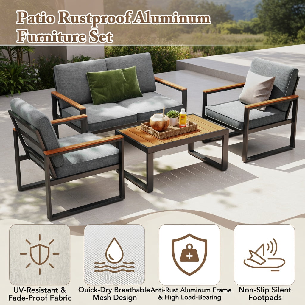 Hommoo Modern Aluminum Patio Armchair Set of 2 with Gray Olefin Cushions, Weather-Resistant, Easy Assembly for Balcony, Backyard & Poolside, Gray