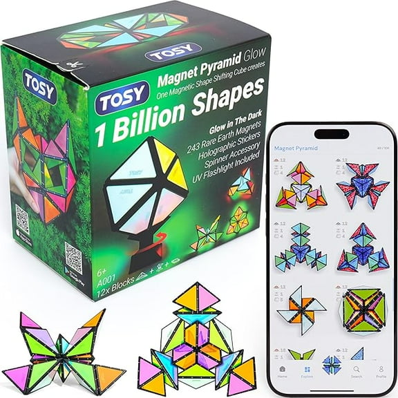 TOSY Magnet Pyramid Glow - 1 Cube Transforms into 1 Billion Shapes, 12 pieces, 243 Magnets, Glowing, Christmas Stocking Stuffers Gift for kids, Creative Puzzle STEM Toy