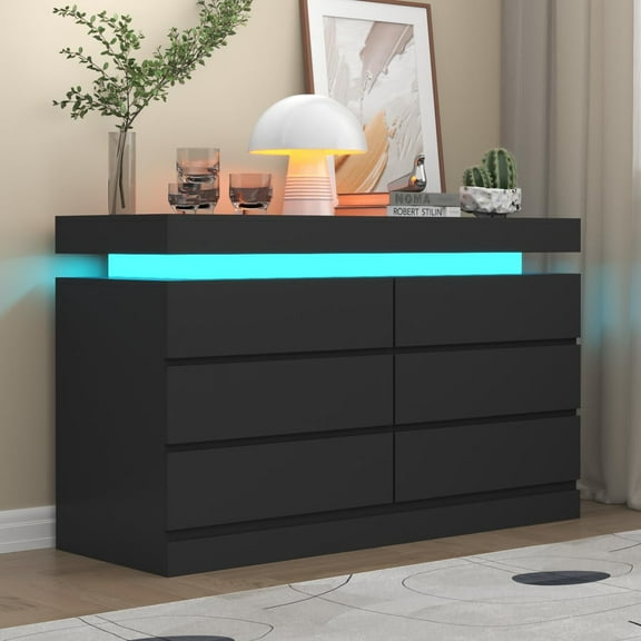 6-Drawer Dresser with Power Outlet, Black Dresser with LED Light, Modern Chest of Drawers for Closet, Double Wide Drawer Organizer Cabinet for Bedroom, Living Room, Entryway, Hallway – STIKELY