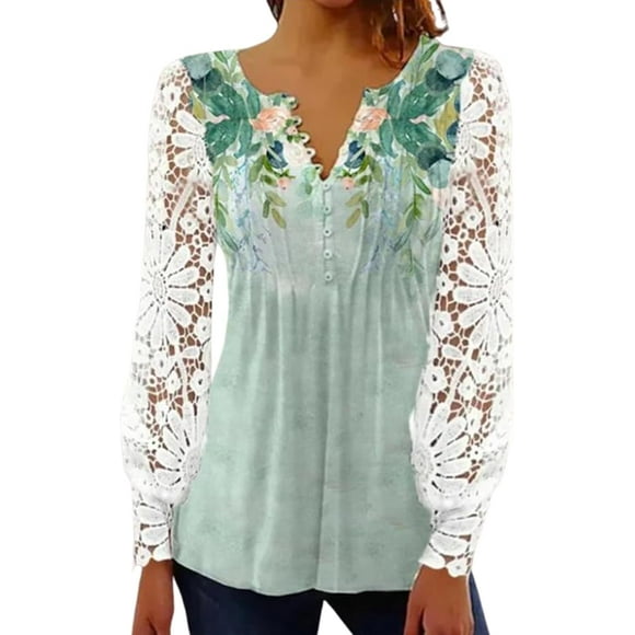Women UK Elegant Ladies Tops Lace Patchwork Shirts Long Sleeve V Neck Blouse Plus Size Casual Loose T-ShirtSGreen Flower