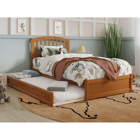 Lucia Twin Wood Platform Bed with Panel Footboard & Twin Trundle in Light Toffee