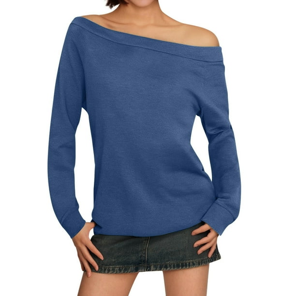 Blusa de manga larga con hombros descubiertos para mujer - Camiseta informal de verano de color liso