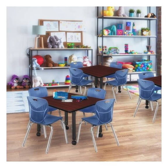 Regency Kee 36" Square Height Adjustable Moblie Classroom Table - Mahogany & 4 Andy 12-in Stack Chairs- Navy Blue