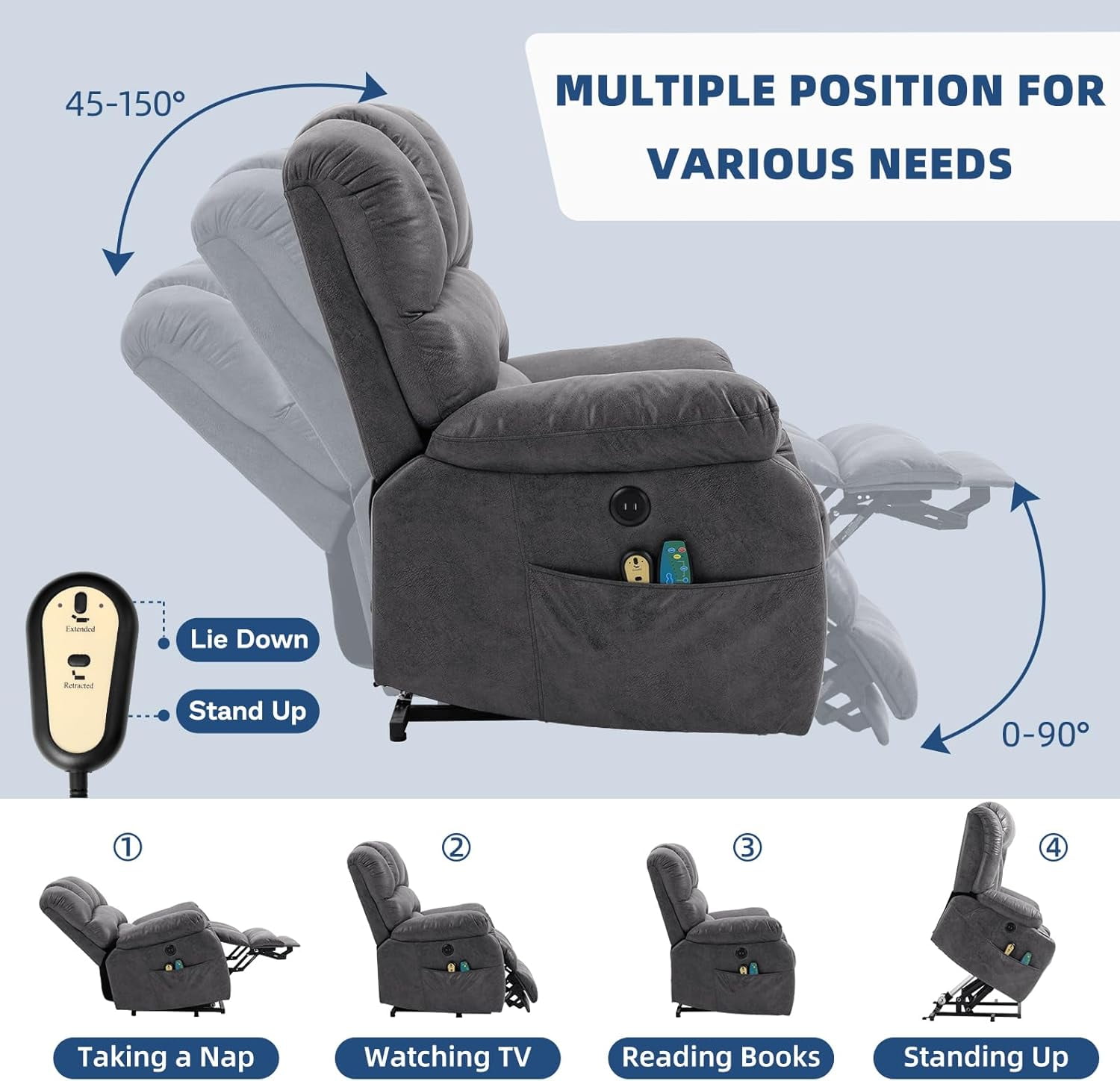 Large Electric Power Lift Recliner Chair with Extended Footrest for Elderly Tall Man, Overstuffed Heated Massage Wide Reclining Sofa with 2 Remote Controls, Side Pockets & USB Ports, Gray