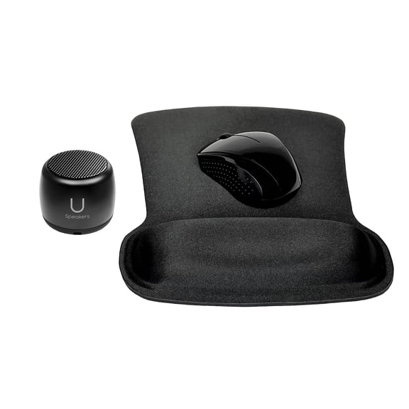 Fashionit U Speakers Bluetooth Micro Speaker Travel Home Office Bundle with Black Wireless Mouse X3000 G2, & Coordinating Gel Mouse Pad, for Modern Workspace