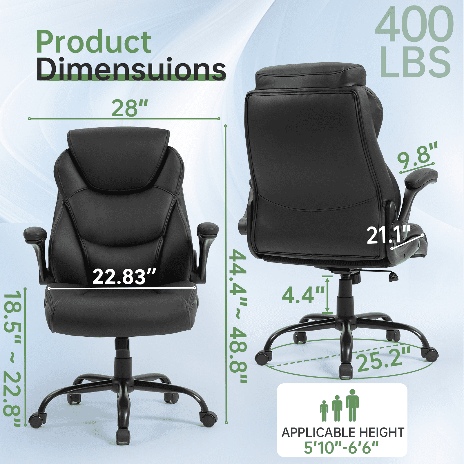 Big and Tall Office Chair 400LBS, Heavy Duty High Back Executive Ergonomic PU Leather Desk Chair, Adjustable Height 360° Swivel Rolling Wheels Computer Chair for Home Office Work