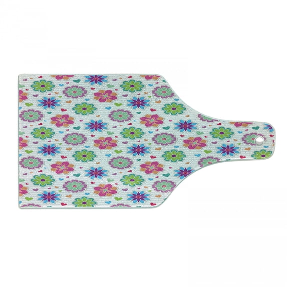 Retro Cutting Board, Notebook Style Backdrop with Lively Colored Chamomile Flowers and Little Hearts, Decorative Tempered Glass Cutting and Serving Board, Wine Bottle Shape, Multicolor, by Ambesonne