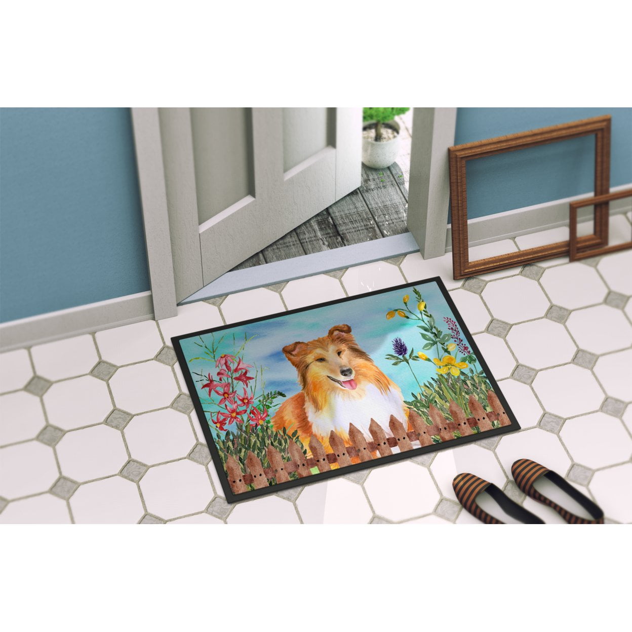 Carolines Treasures CK1282MAT Sheltie Spring Door Mat Indoor Rug or Outdoor Welcome Mat 18x27 Doormat  27"L x 18"W