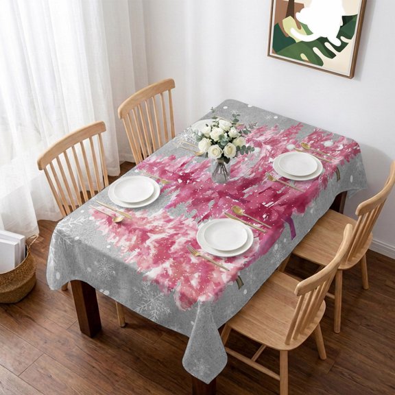 Grey Pink Christmas Table Cloth Waterproof Tablecloths, Xmas Tree Snowflake Winter Tablecloth Dining Table Cover for Kitchen Party Tabletop Outdoor, Rectangle Tablecloth 60x102 Inch