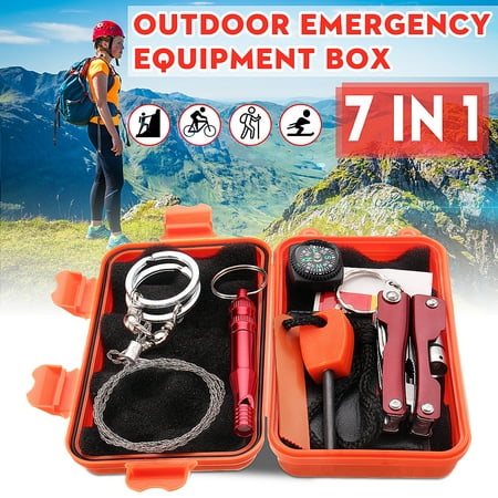 7 in 1 SOS Outdoor Survival Kit Multi-Purpose Emergency Equipment Supplies First Aid Survival Gear Tool Kits Set Package Box for Outdoor Travel Hiking Camping Biking