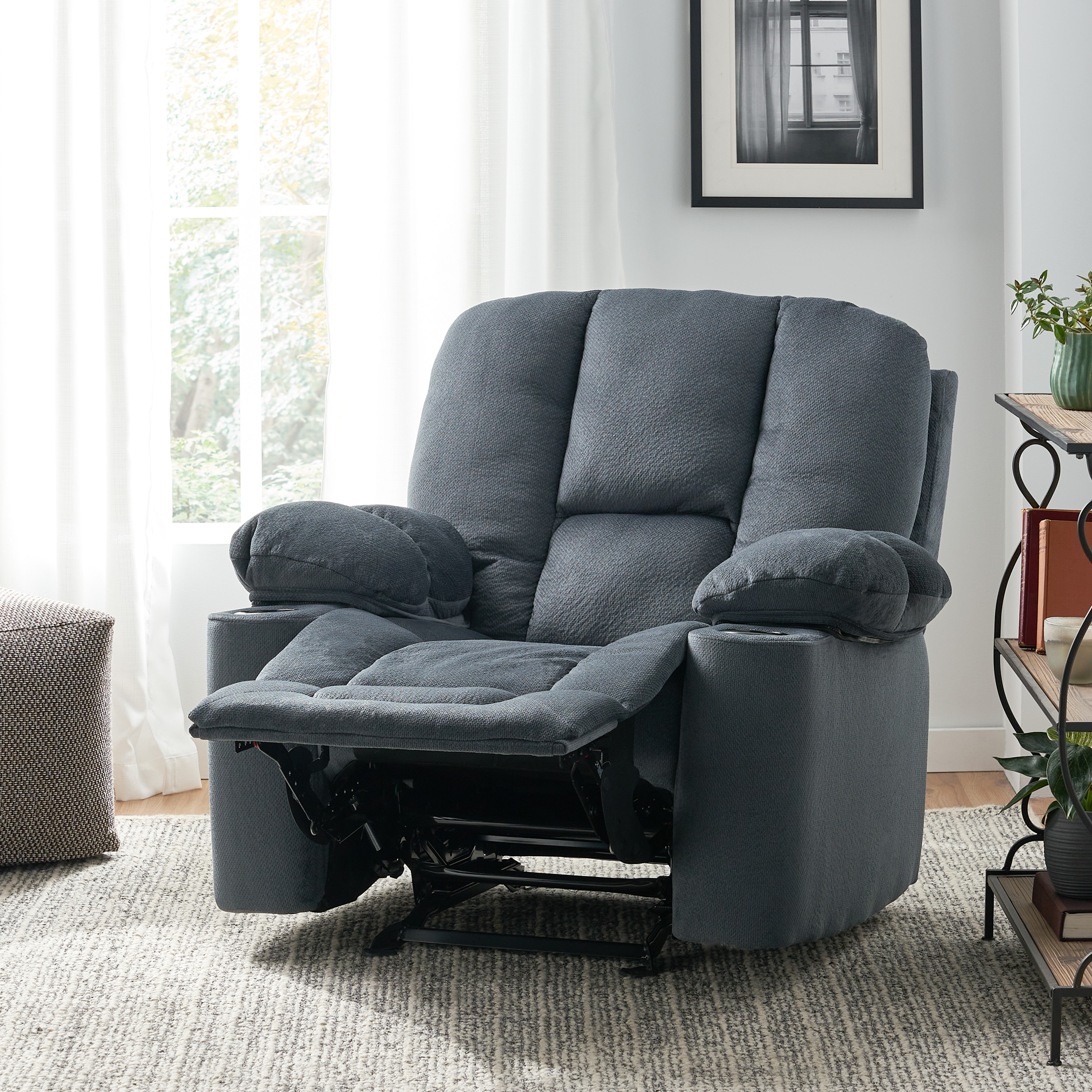 Euroco Luxurious Manual Recliner Chair in Silver with Skin-Friendly Fabric and Dual Cup Holders