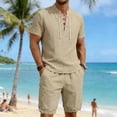 thumbnail image 5 of Men's 2 Pieces Linen Set Lace up Henley Shirt Short Sleeve and Medieval Viking Pirate Shorts Summer Beach Yoga Matching Outfits Big and Tall Size S-3XL Khaki, 5 of 9
