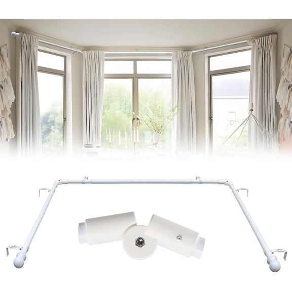 Bay Window Curtain Rods, 1 Inch Heavy Duty Metal U Shaped Corner Curtain Rod, 59-184” Adjustable Curved Curtain Rod for Bay Window White