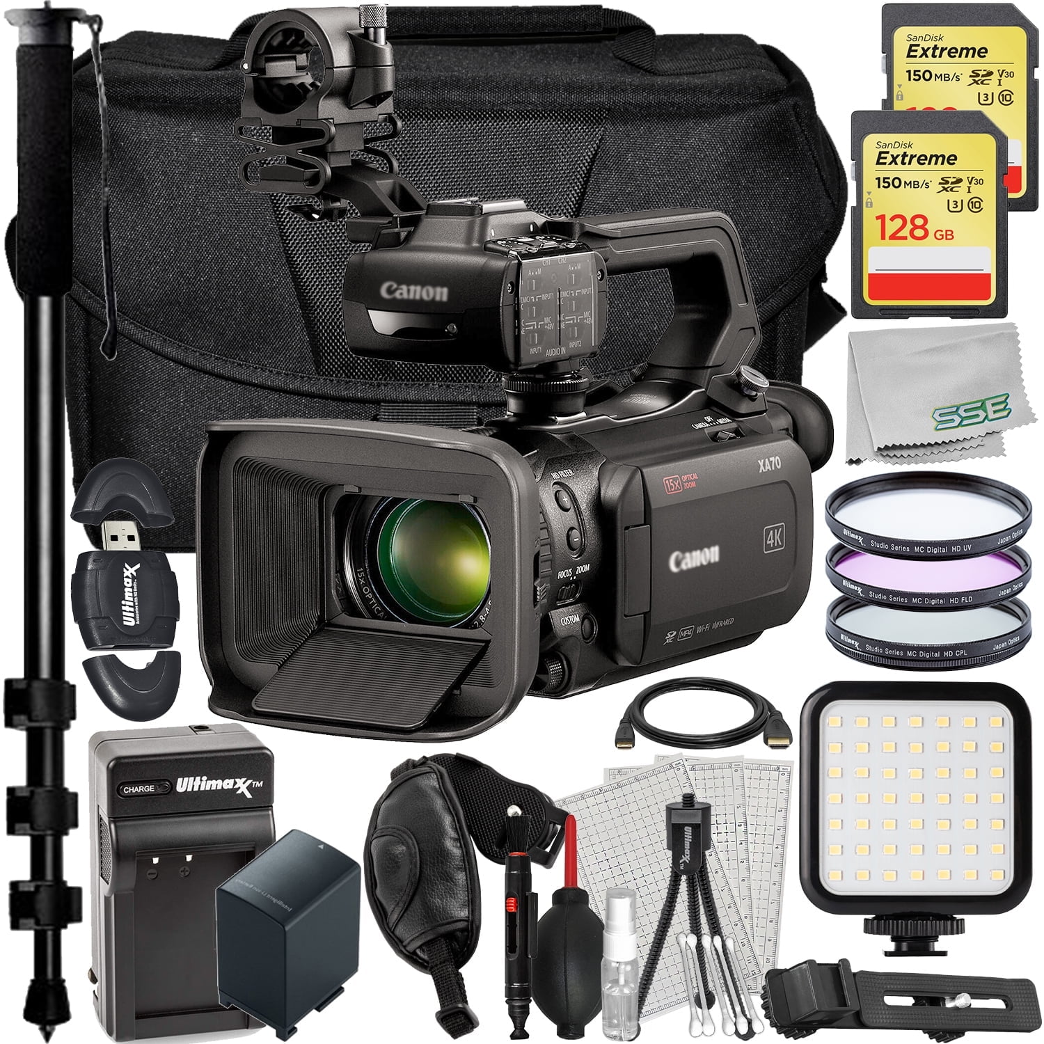 Ultimaxx Essential Canon XA70 Camcorder Bundle (PAL) International Model - Includes: 2x 128GB Extreme Memory Cards, 3PC Protective Filter Kit, Spare Battery with Travel Charger & More (26pc Bundle)