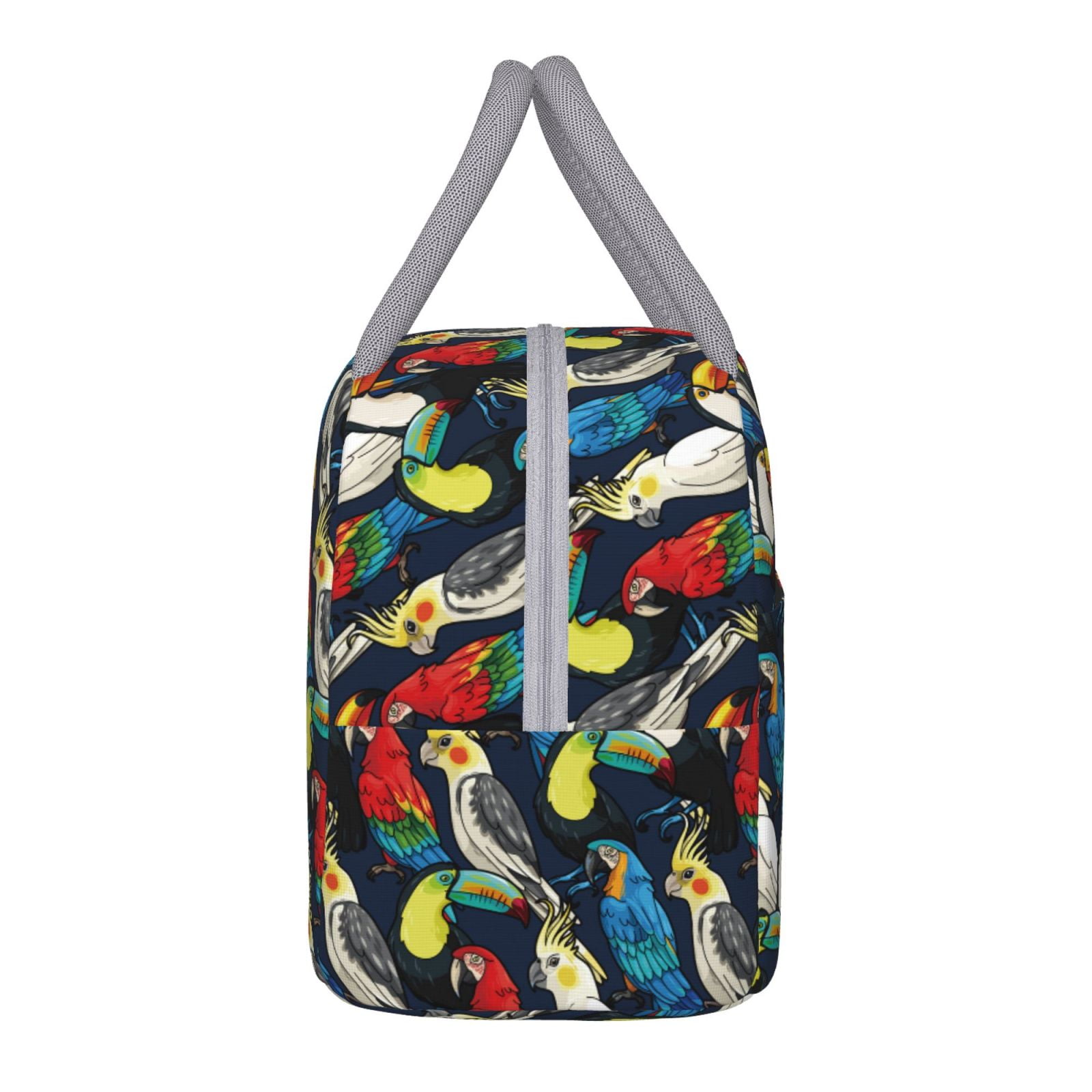 Horeoi Parrot Pattern Large Insulated Lunch Bag for Work, School, Picnic - Waterproof, Durable Oxford Cloth, Comfortable Handle-Light Grey