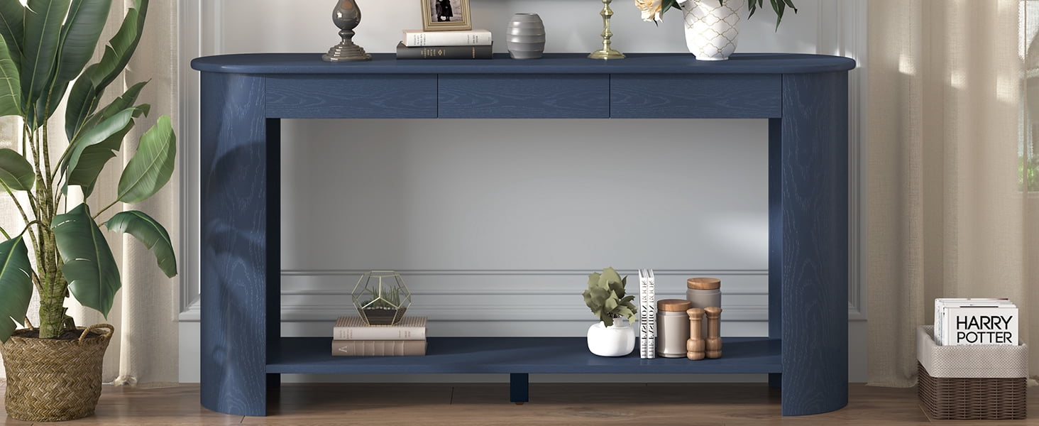 Mintazer 60" Modern Console Table, Entryway Table with 3 Drawers & Open Shelf, Long Sofa Table with Semi-Circular Design for Entryway Living Room, Blue