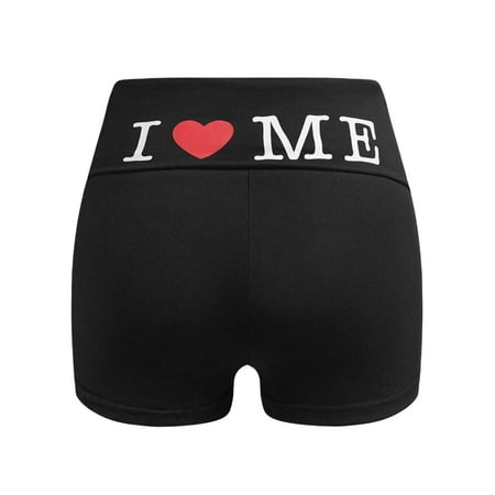 MNCEKFOD Women s Shorts Summer Beach Letter Print Tight Hot Pants High Waisted Wrap Elastic Waist Sprots Running Yoga Casual Shorts Black M