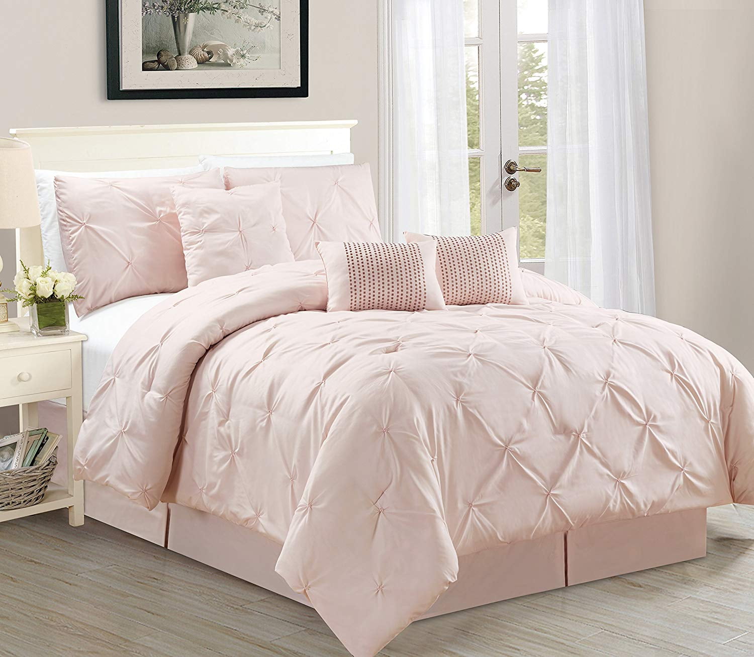 Luxury 7pc Ivory Pleated Comforter Set AND Decorative Pillows 