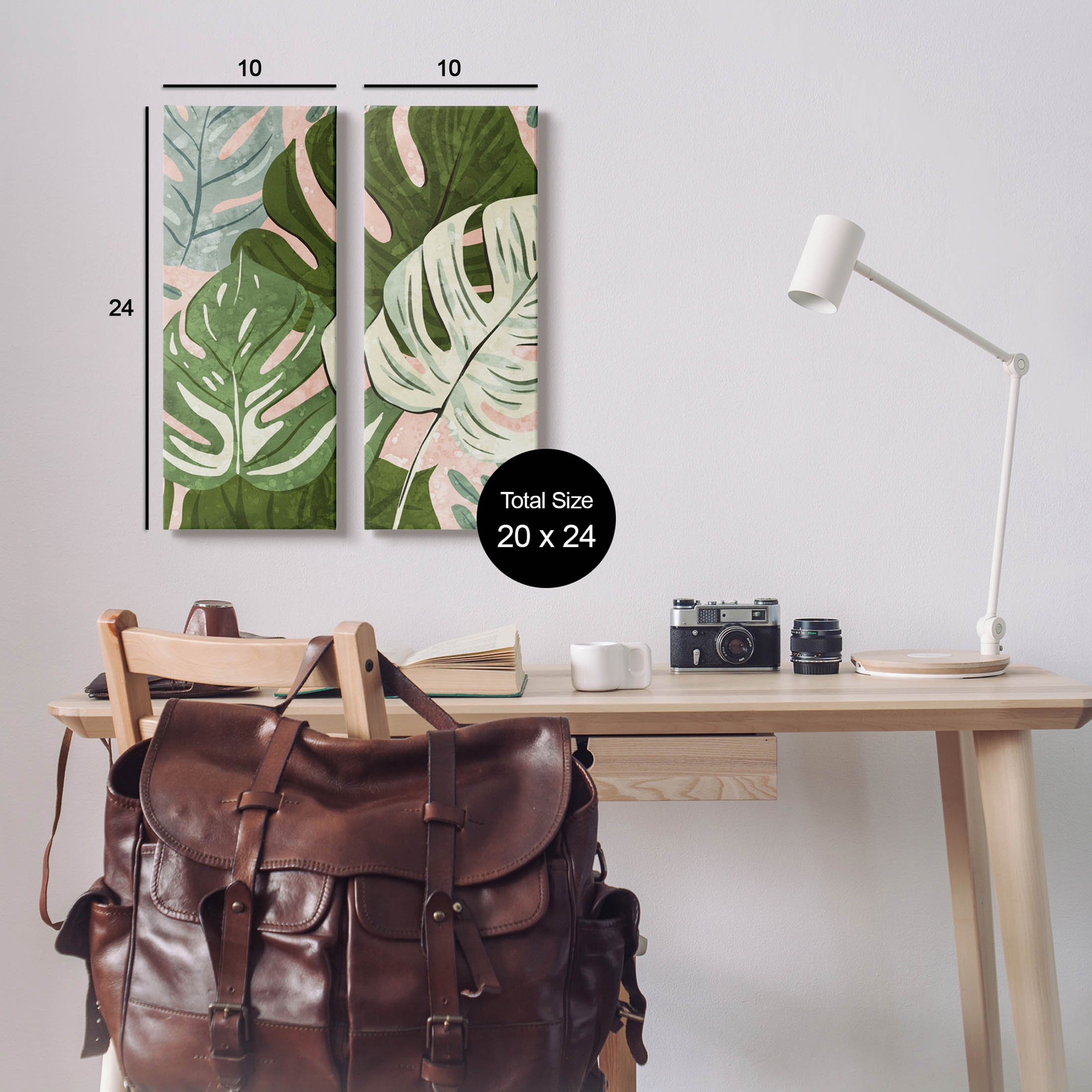 Modern Layered Monstera Leaves Botanical & Floral Graphic Art Gallery Wrapped Canvas Print Wall Art, Set of 2