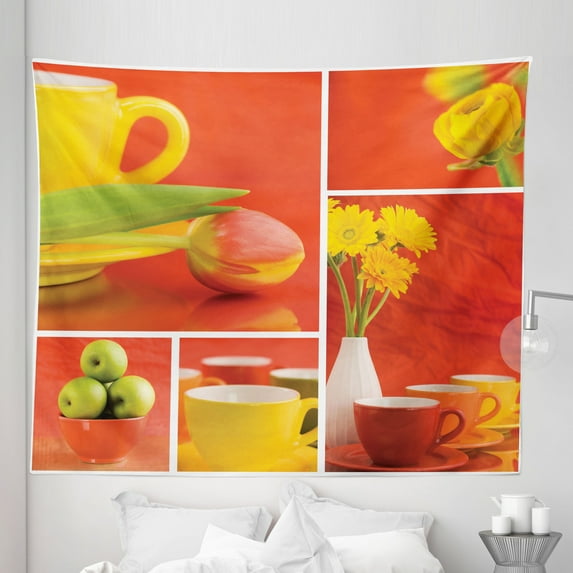 Coffee Tapestry, Tea with Coffee Cups Composition in Warm Colors Flowers Tulips and Apples, Fabric Wall Hanging Decor for Bedroom Living Room Dorm, 5 Sizes, Red Yellow Green, by Ambesonne