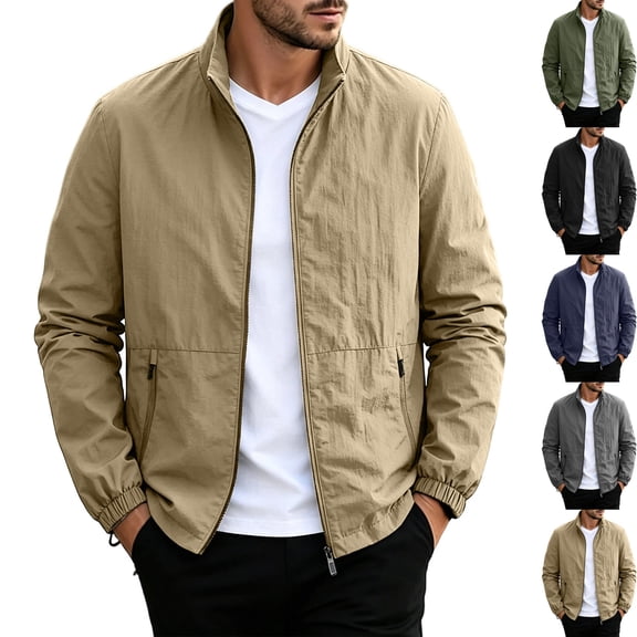 Men's Lightweight Mesh Lined Windbreaker Jacket Stand Collar Full Zip Outerwear Coat for Hiking Travel Golf Outdoor Zip Pockets, Khaki, XL