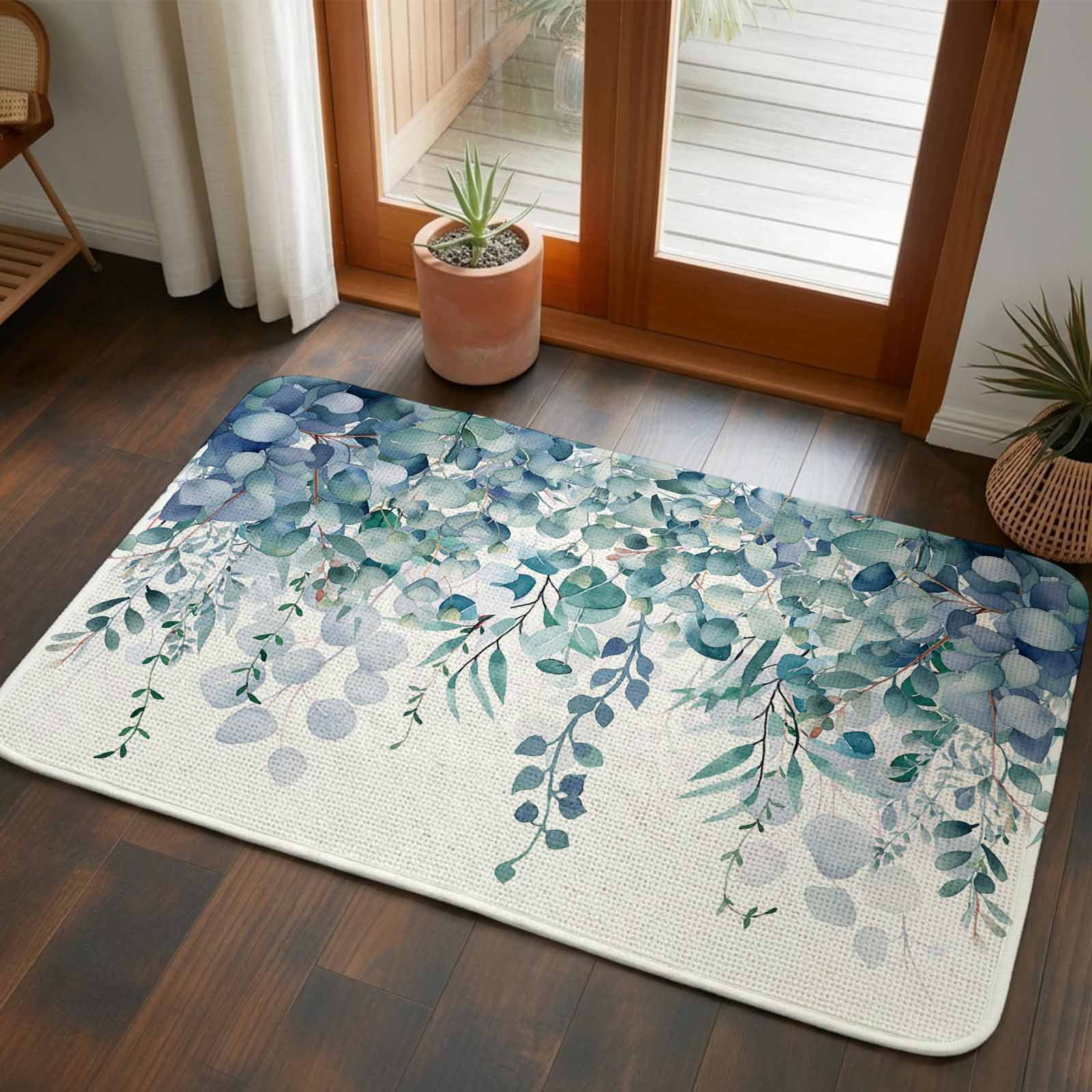 Doormat Blue Eucalyptus Front Door Mat Entrance Soft Non Slip Absorbent Doormats Watercolor Leaves Welcome Floor Mat Rugs for Entryway Porch Bathroom Bedroom Kitchen Indoor Outdoor 20"x32"