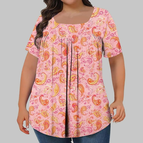 Plus Size T-Shirts for Women Floral Print Pink Tunic Square Neck Ruffle Pleated Loose Fit Flowy Summer Blouses ,L-5XL