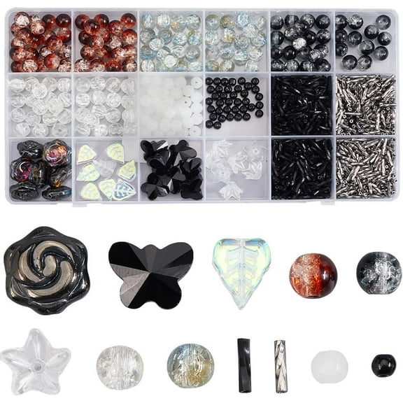 1Set 1 Box 902Pcs Glass Beads Kit Glass Flower Beads Rose Butterfly Bead Black Transparent Round Bead Glass Bugle Beads for Jewelry Making Kits Adult Women DIY Bracelets Necklace Supplies
