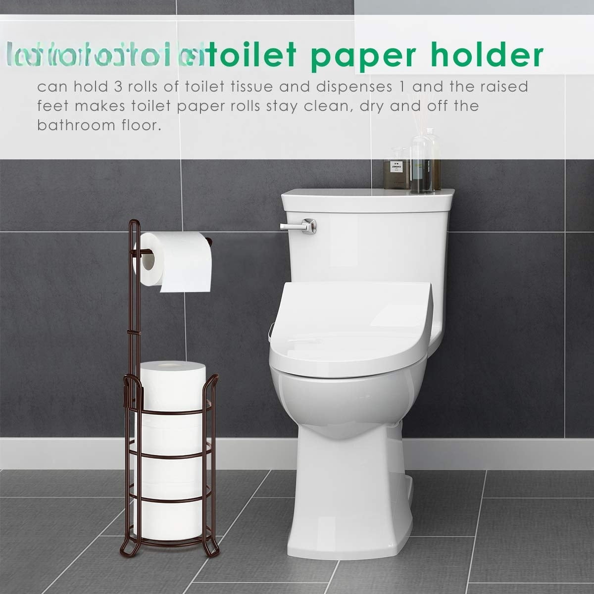 Toilet Paper Holder Toilet Paper Stand and Dispenser for 3 Spare Rolls Metal Wire Free-Standing Toilet Tissue Paper Roll Storage Shelf Bathroom Accessories Storage Organizer Black