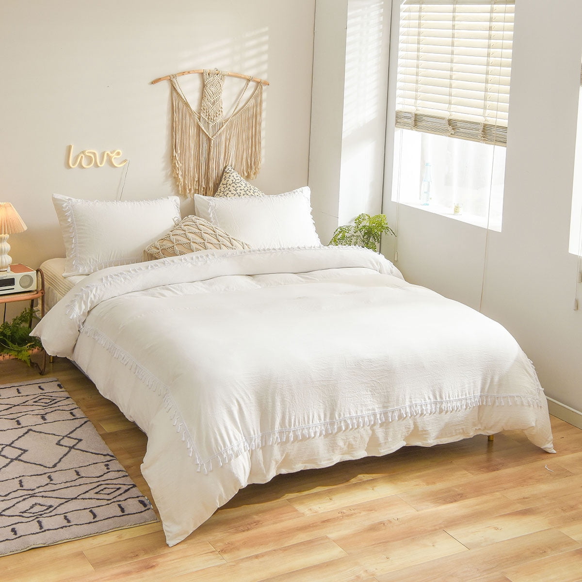 Move Over White Tassel Bedding Set Hollow Square Tassel Duvet Cover Set Pattern Washed Microfiber Queen No Filling