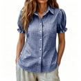 thumbnail image 4 of VBVC Women's Gingham Button Down Shirt , Ladies' Collared Puff Short Sleeve Blouse , Summer Work Everyday Top For Women,Dark Blue,S-3XL, 4 of 8