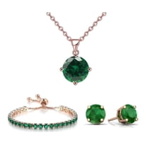 8K Rose Gold Round Emerald, Necklace, Earrings and Tennis Bracelet, 1Women Plated by Paris Jewelry