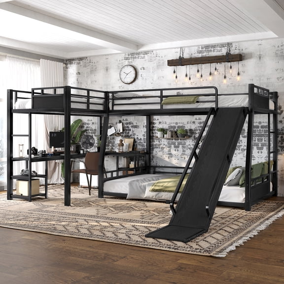 L-Shaped Metal Triple Bunk Bed (Top: Full/FullXL, Bottom: Queen) with Twin XL Loft Bed, Desk, Storage Shelves and Slide - Space-Saving & Quiet, Black