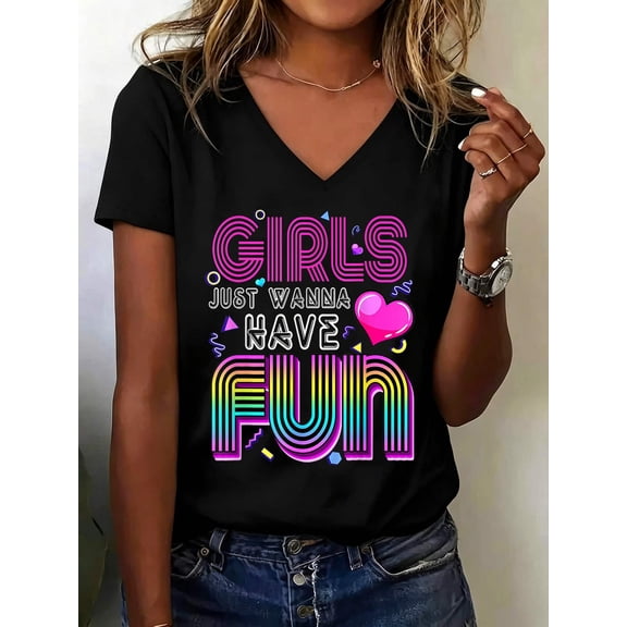 Awesome 80's Girls Just Wanna Have Fun 1980s V Neck T-Shirt Cotton Women's V Neck Graphic Tee, Casual Short Sleeve Shirt,Vacation Outfit