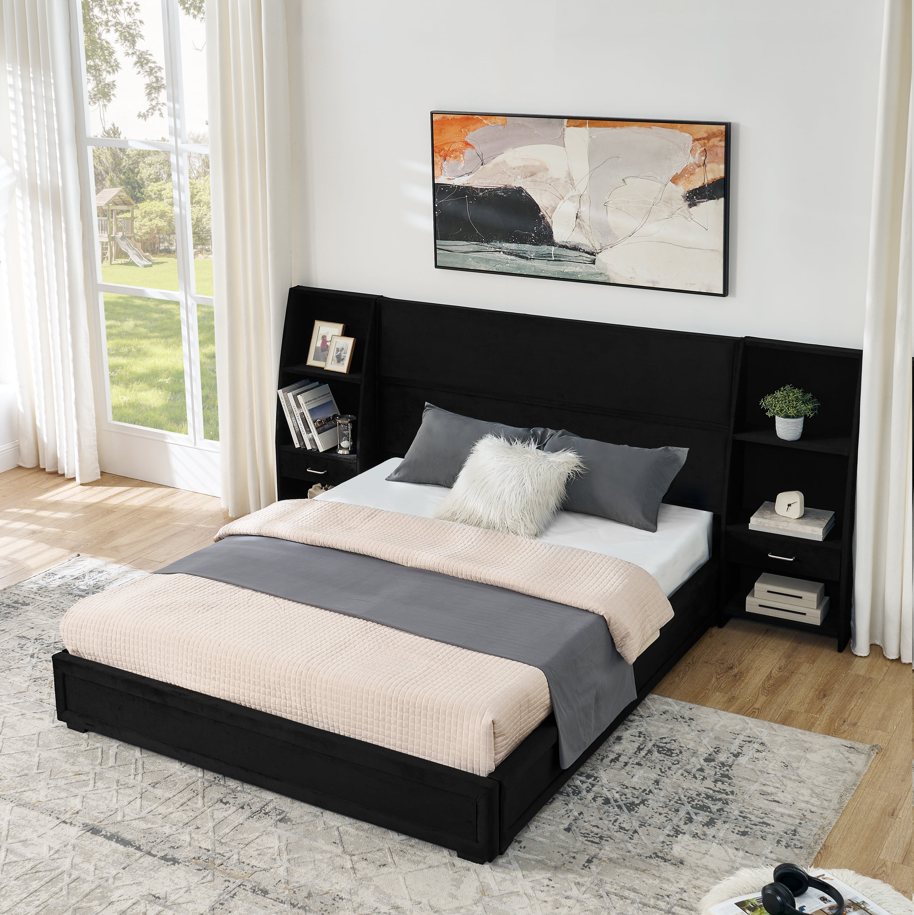 Queen Size Platform Bed Frame with Glossy Velvet Headboard, Side Bookcases & Drawer