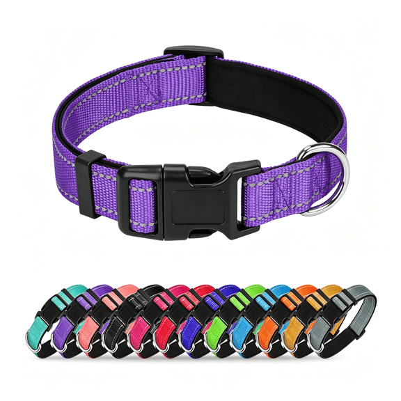 GASTROPOD Purple Dog Collar for Large Dogs, Reflective Wide Nylon Adjustable Collar with Soft Padding, Durable Buckle for Pitbull Labrador Retriever, Wide Dog Collar Purple,L