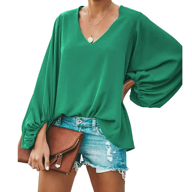 Blusa de manga larga para mujer Camisas con cuello en V Top de color puro Blusas casuales con manga de obispo sueltas Verde M