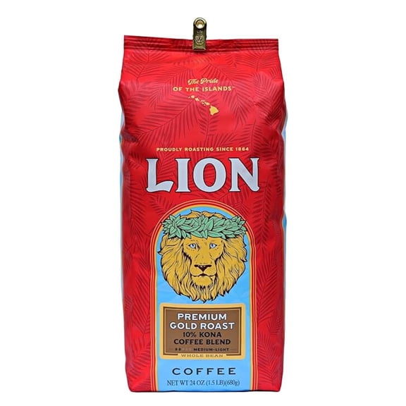 Lion Coffee, Premium Gold Roast, 10% Kona Coffee Blend, Whole Bean, 24 Ounce Bag