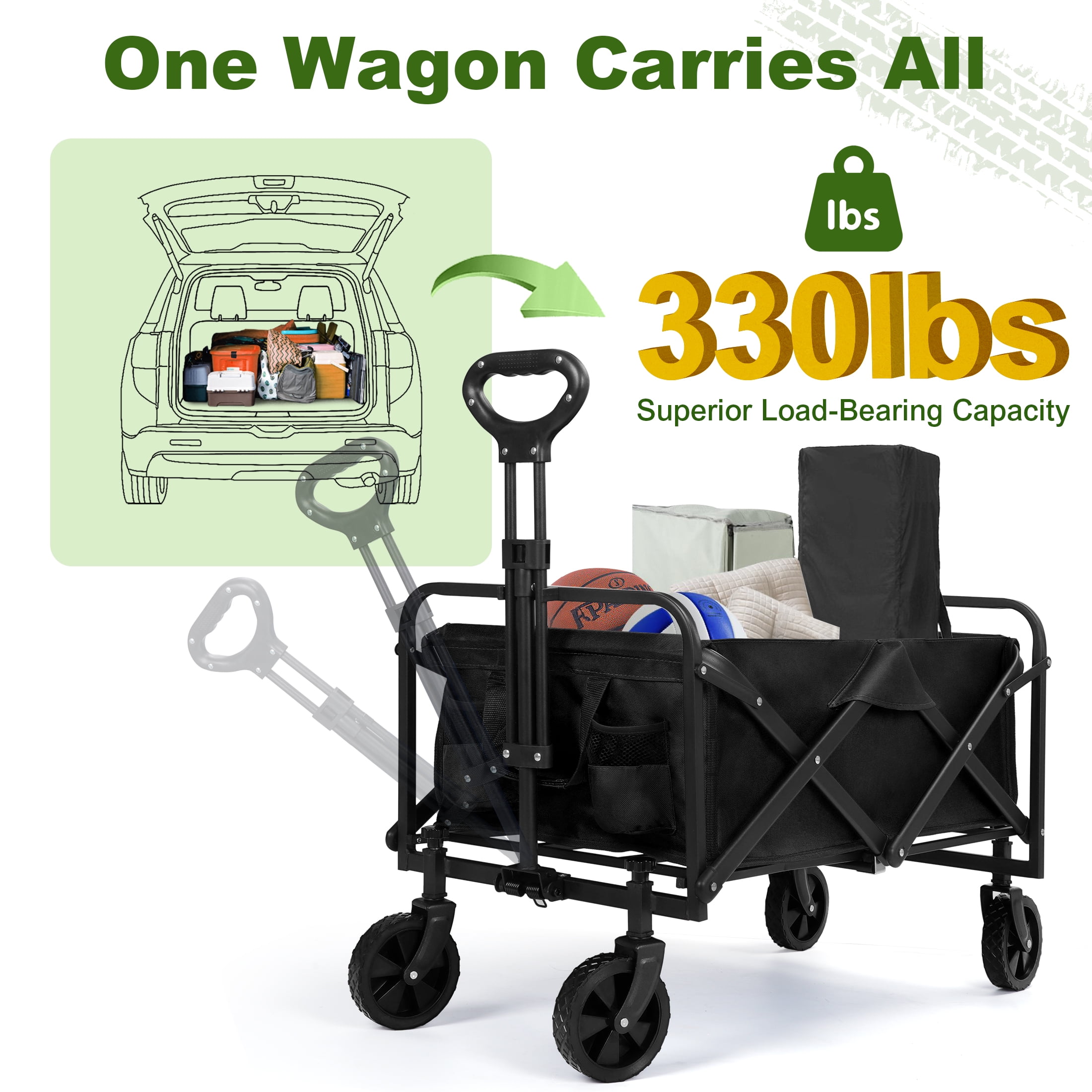 Firstness Collapsible Wagon Cart, Folding Utility Garden Wagon for Camping Beach Picnic Shopping Sports & Grocery, Black