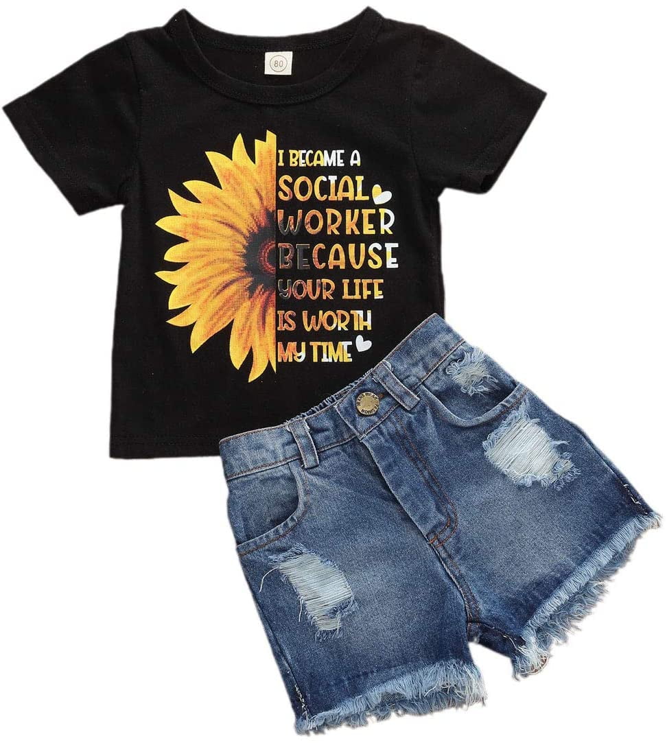 Sunflower Print Long Pants Casaul Outfit Kehen Toddler Girl Summer Clothes Shirt Sleeve T-Shirt Top 