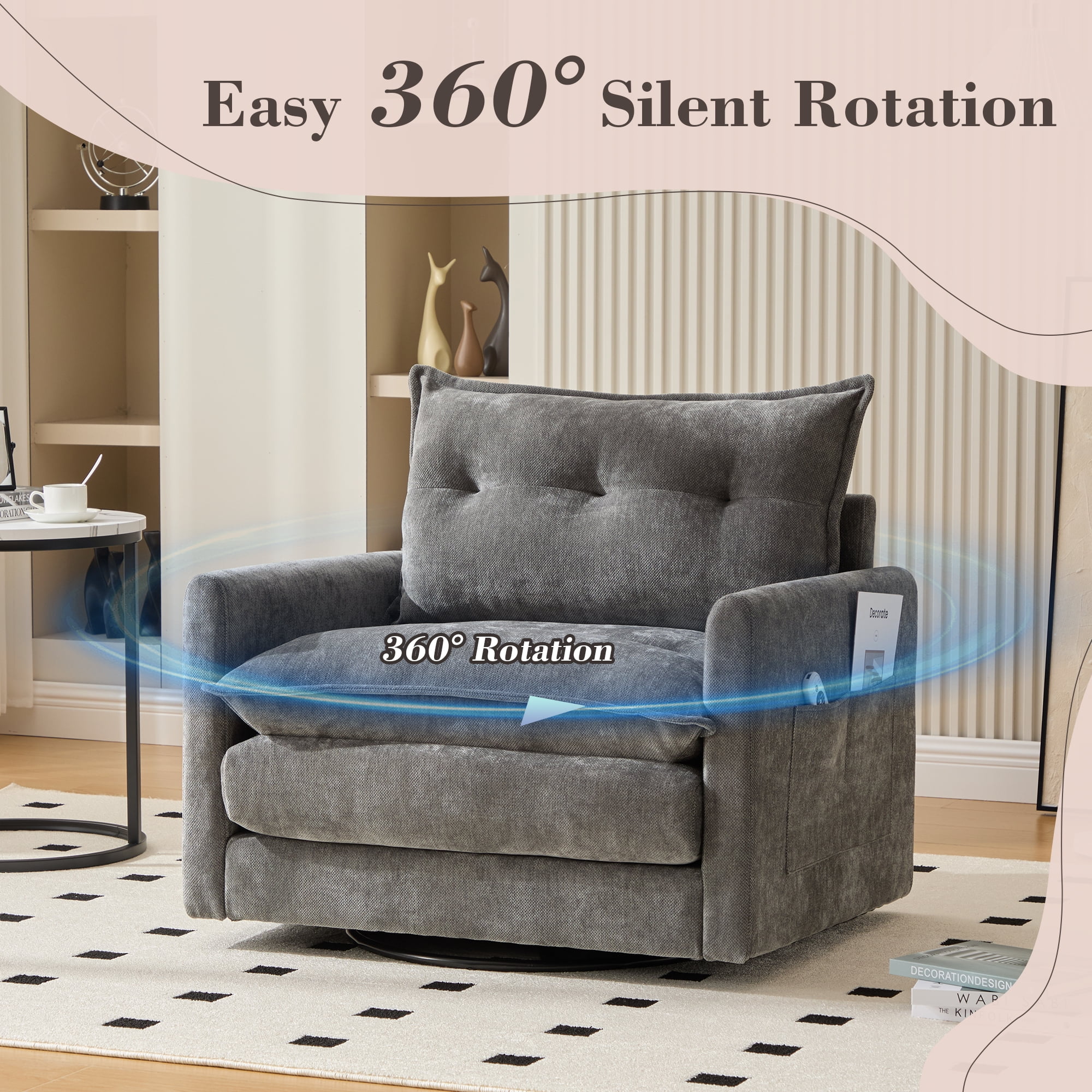 MOONMISS Chenille Upholstered 360°Degree Swivel Mid Century Modern Arm Chair for Living Room-Gray